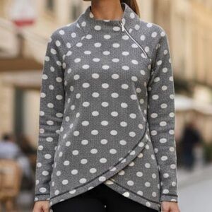 Melis Kozan Grey High-Neck Zip Sweater w/ White Dots & Side Slit – Size XS